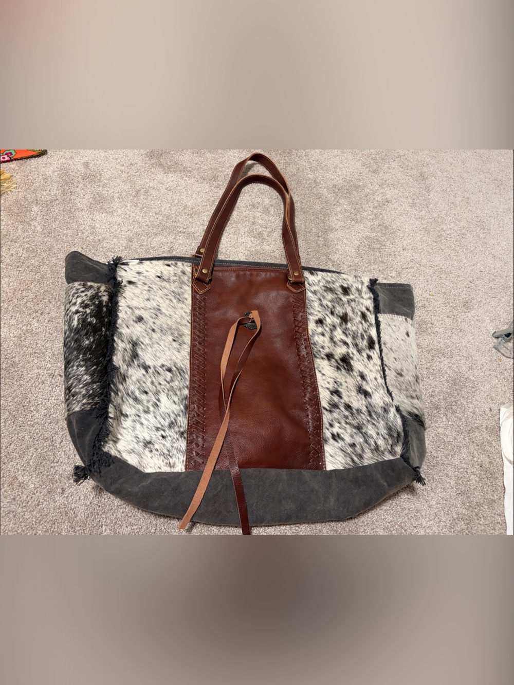 Myra Bag Cowhide Leather Upcycled Canvas Tote Shoulder Bag Western Boho Flawless